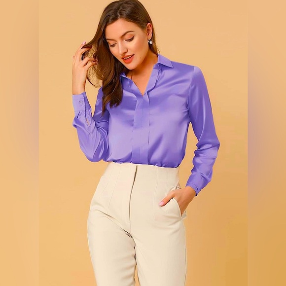 Allegra K Women's Satin Blouse Elegant V Neck Long Sleeve - Lavender - Picture 3 of 5